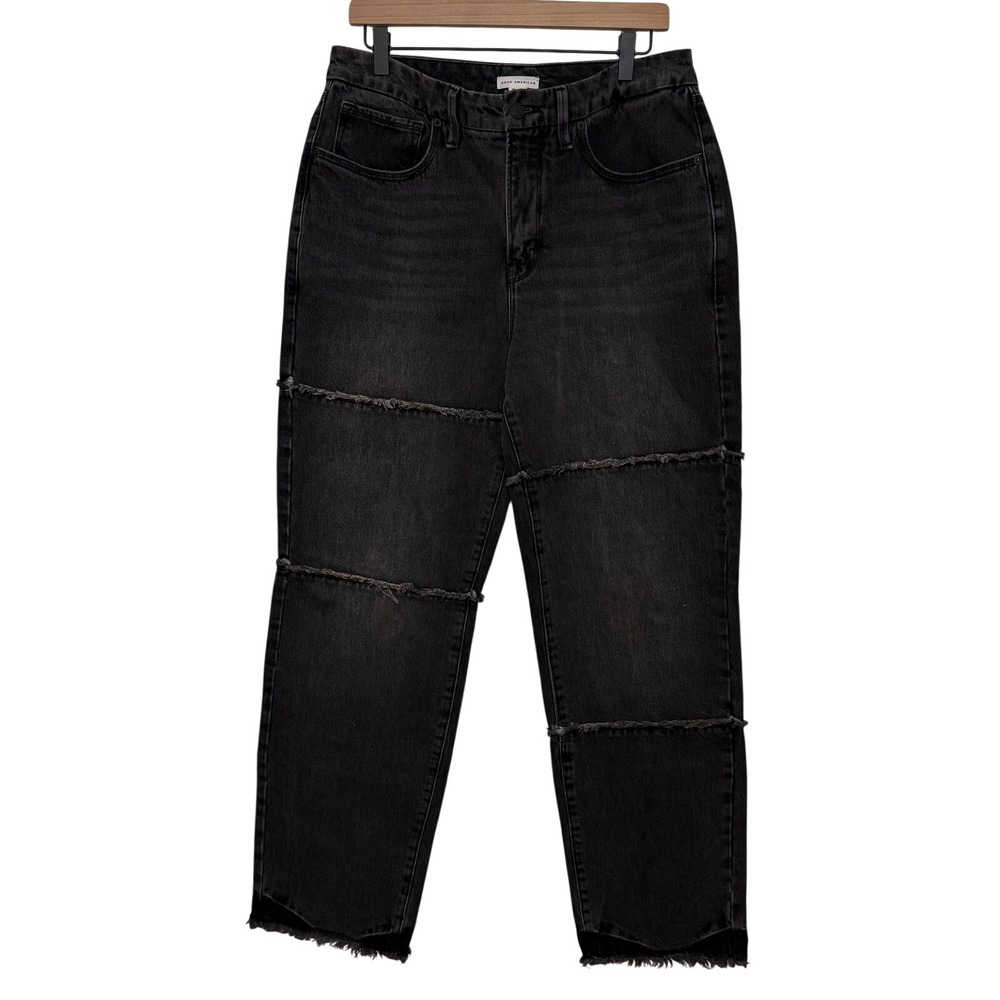 GOOD AMERICAN Good 90s High-Rise Frayed Seam Straight-Leg Jeans Black Size 10 30